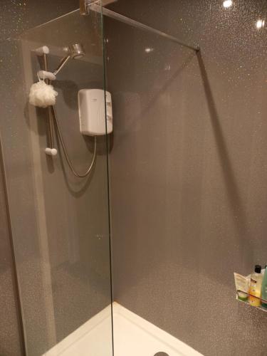 a shower with a glass door in a bathroom at No 9 Manor Way in Carmarthen