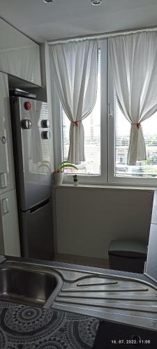 a kitchen with a sink and two windows at Apartment Travel hub *** in Varaždin