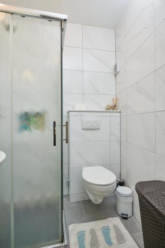 a bathroom with a toilet and a glass shower at Studio apartment Tramonto in Cavtat