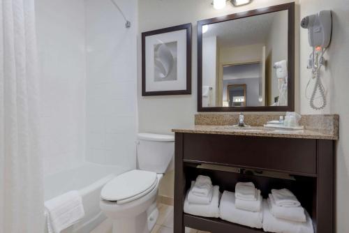 a bathroom with a toilet and a sink and a mirror at Clarion Inn in Elmira