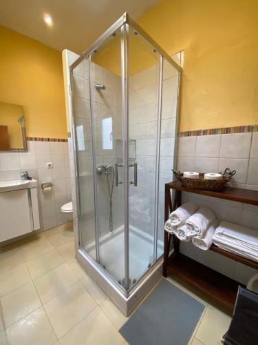 - przeszklony prysznic w łazience z ręcznikami na półce w obiekcie Amplio Piso en el Centro de Cádiz w Kadyksie
