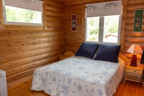 a bedroom with a bed and two windows at Luxury Villa Rahavaara in Joensuu