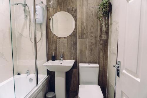 a bathroom with a toilet and a sink and a mirror at Lovely one bedroom apartment COLCHESTER in Mile End