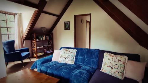 a living room with a blue couch and a table at Dancing Waters Cottage in Springbrook