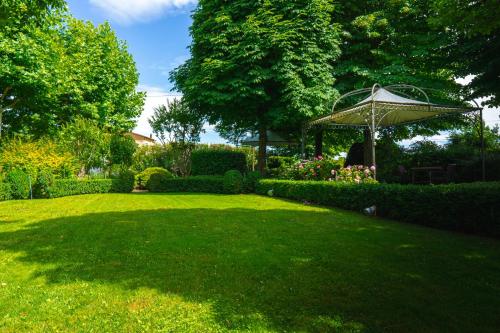 a yard with a large lawn with an umbrella at Hotel Globo in Formigine