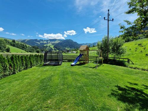 a playground in a grassy field with mountains in the background at Hotel Pension Annerlhof in Maria Alm am Steinernen Meer