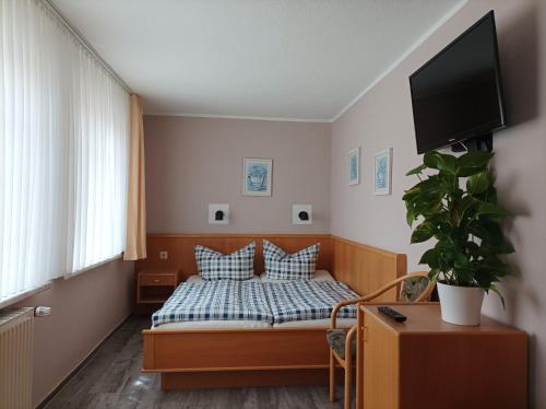 a bedroom with a bed with a tv on the wall at Pension Landgasthof Darzer Eck in Altenhof