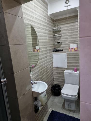 a bathroom with a sink and a toilet and a mirror at Apartament centru in Chişinău