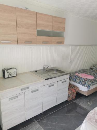 a kitchen with a sink and wooden cabinets at Edit Vendégház in Tiszaújváros