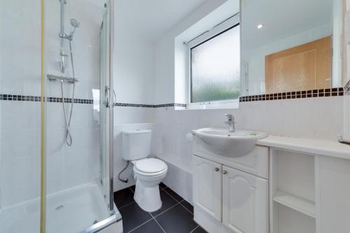 een badkamer met een toilet, een wastafel en een douche bij Flourish Apartment - Constant Court - Canary Wharf in Londen
