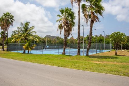 a tennis court in a park with palm trees at Blue Bay Apartments in Sint Michiel