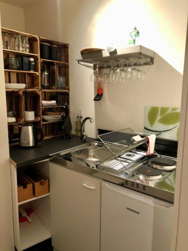 - une cuisine avec un évier et un comptoir dans l'établissement Deichkind Superhost im Viertel, à Brême