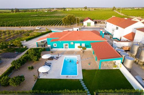 an aerial view of a house with a swimming pool at Delmira Vineyard House in Águas de Moura