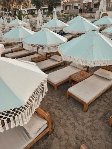 a group of lounge chairs and umbrellas on a beach at Kalia Beach Hotel Side in Side