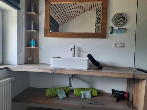 a bathroom with a sink and a mirror at Superbe Appart' Bois De Fagne in Malmedy