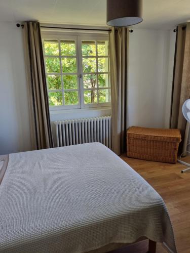 une chambre avec un lit et une grande fenêtre dans l'établissement Location saisonnière appartement situé à Saumur, à Saumur