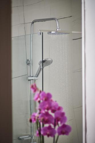 a shower with purple flowers in a bathroom at Villa Nika with private heated pool in Slano