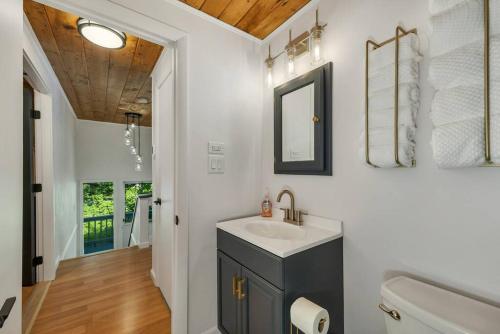 吉爾福特的住宿－Gunstock & Lakes Region Year Round Chalet，一间带水槽、卫生间和镜子的浴室