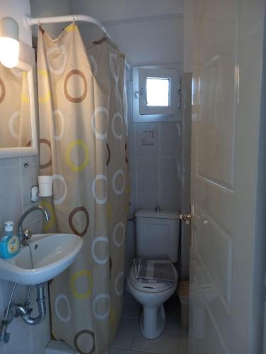 a bathroom with a sink and a toilet and a shower curtain at Flisvos House in Megalochori