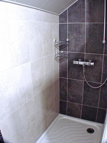 uma casa de banho com um chuveiro e uma parede em azulejo em Villa Eth Mayouret em Cauterets