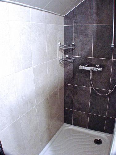 a bathroom with a shower with a tiled wall at Villa Eth Mayouret in Cauterets