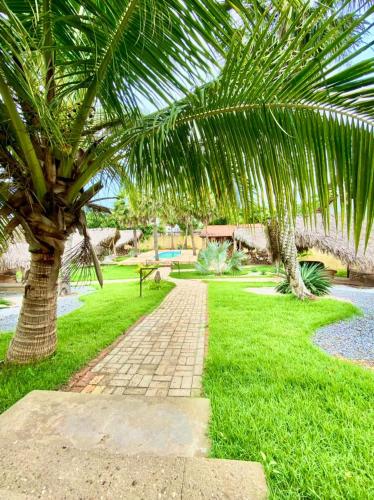 a palm tree and a brick path in a park at Pousada e Chalés Recantos do Mar in Barra Grande