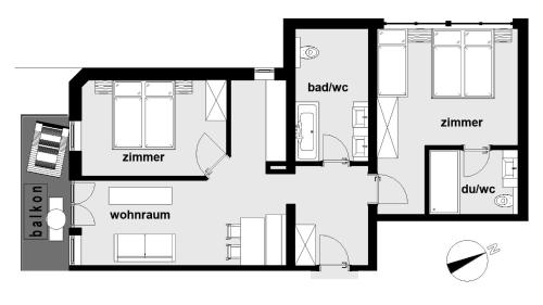 a black and white floor plan of a house at alpina&more APARTMENTS I ZIMMER in Serfaus