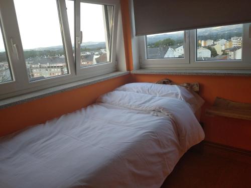 a bed in a room with three windows at Vivienda A Travesía Dos Soños in Sarria