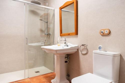 a bathroom with a sink and a shower and a toilet at Venta del Celemín in Ossa de Montiel