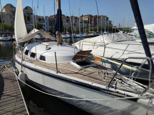un bateau blanc amarré dans un port de plaisance avec d'autres bateaux dans l'établissement St Helene, à Gruissan