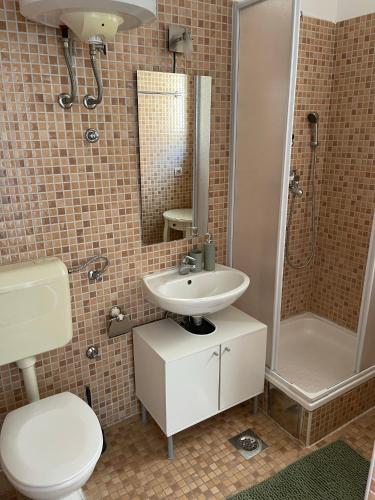 ein Bad mit einem WC, einem Waschbecken und einer Dusche in der Unterkunft Apartmani Miliša in Primošten