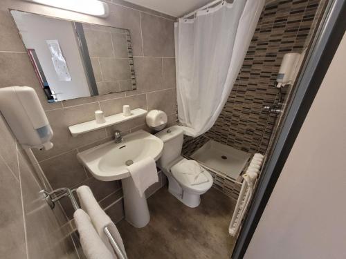 a small bathroom with a toilet and a sink at Le Cérétan Hôtel in Céret