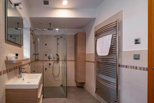 a bathroom with a shower and a sink at Relax Hotel Stork in Lednice