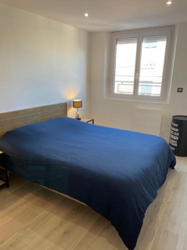 a large blue bed in a bedroom with a window at Logement Moderne avec wifi garage et proche du centre ville in Charleville-Mézières