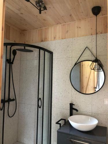 a bathroom with a shower and a sink and a mirror at Domki Trzy in Krzywonoga