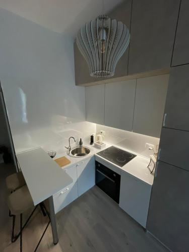 a small white kitchen with a sink and a stove at Studio apartment INDIGO in Osijek