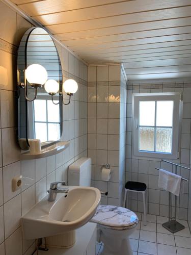 a bathroom with a sink and a mirror at Apartment Moselblick in Ürzig