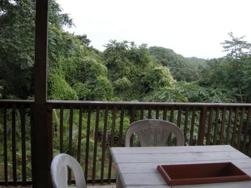 a wooden deck with a table and chairs on a balcony at Apartments Chez Milady in Utila