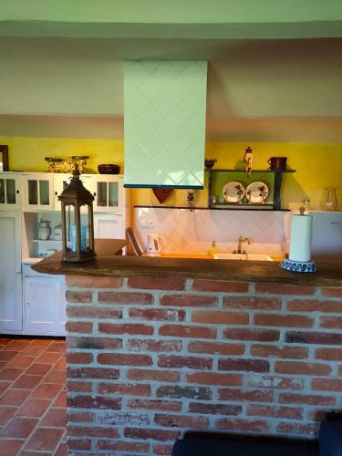 a kitchen with a brick wall and a sink at Old Style Cottage in Horní Paseka