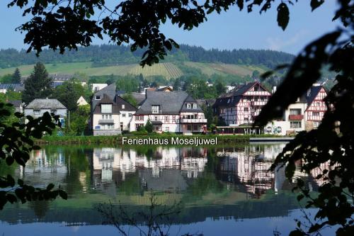 a town by a lake with houses at Moseljuwel mit exklusiver Sauna und Indoor Pool in Traben-Trarbach
