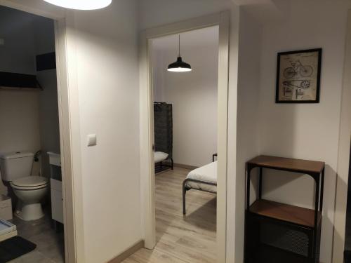 a room with a bathroom with a toilet and a mirror at Apartamento Casa Aurelio in Gijón