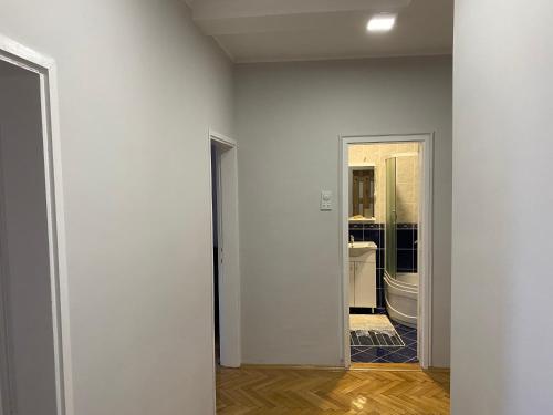an empty room with white walls and a bathroom at Apartman Čelarevo centar in Čelarevo
