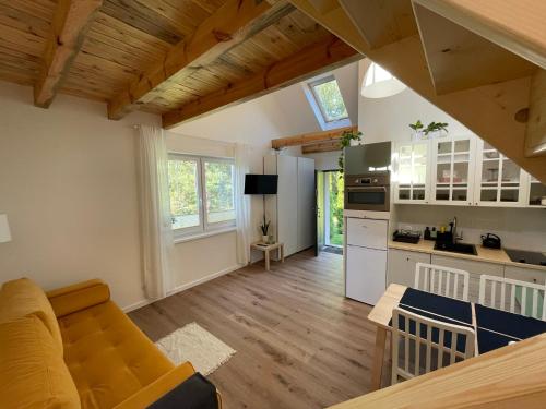 a living room with a couch and a kitchen at Dowiośnie in Wiele