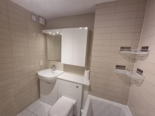 Park View Garden apartment في Salfords: حمام مع حوض ومرحاض ومرآة