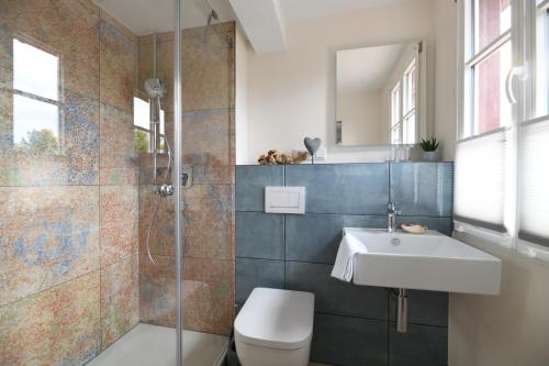 La salle de bains est pourvue de toilettes, d'un lavabo et d'une douche. dans l'établissement Das schiefe Haus - Wohnung "Weinlage", à Heppenheim