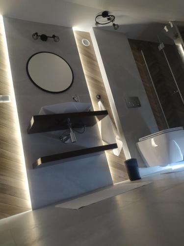 a bathroom with a sink and a mirror at Apartament Nasze Poddasze in Ciche