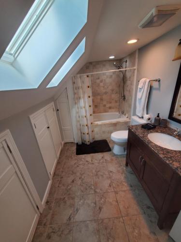 a bathroom with a sink and a toilet and a shower at Boston's Best Vacation House in Boston