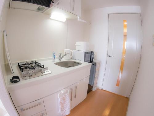 uma cozinha branca com um lavatório e um micro-ondas em Carsail Sole - Vacation STAY 13224 em Saitama