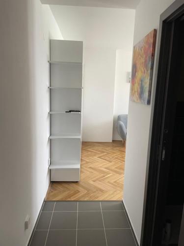 a room with a closet with white walls and a wooden floor at Apartmán V Krátké in Stein Schönau