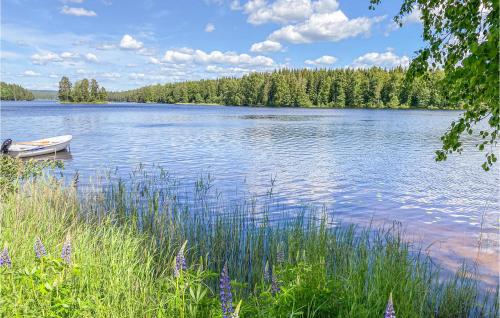 a view of a lake with a boat on it at Gorgeous Home In Ludvika With Sauna in Ludvika